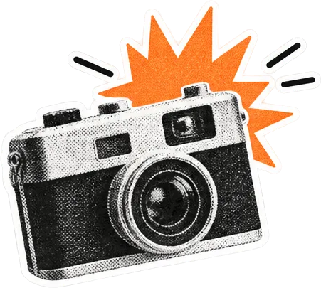 Illustration of a vintage camera with a flash burst