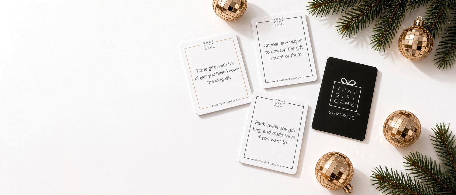 That Gift Game cards and a Surprise card with gold ornaments and fir