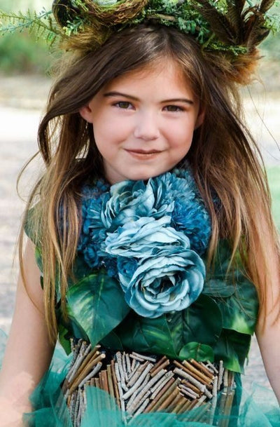 Front of the Mother Nature costume with blue flowers at the neck