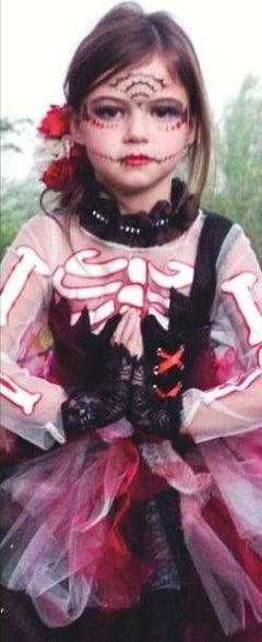 Full sugar skull costume with a skeleton top and a pink tulle skirt