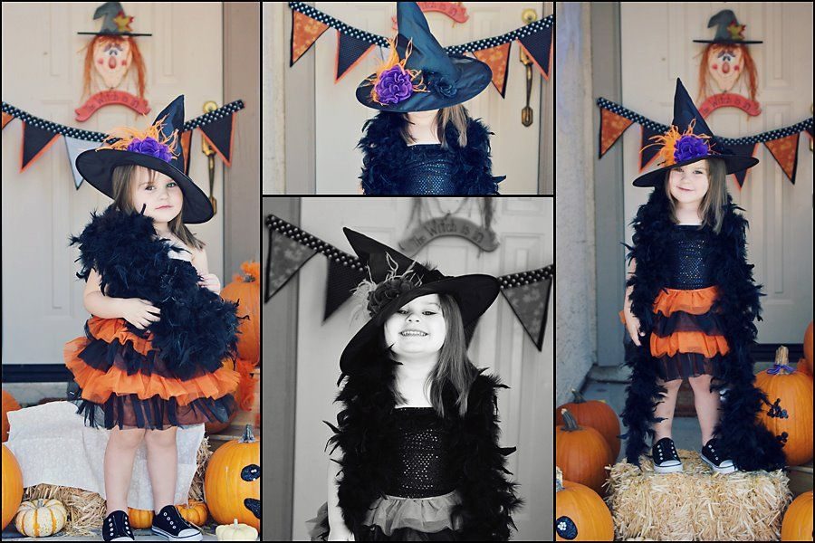 Toddler in a witch costume with a big witch hat and a black and orange tutu, shown in four photos
